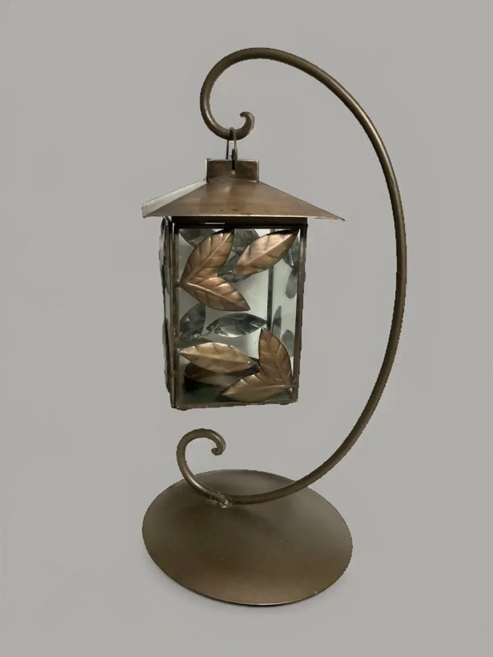 Decorative Lantern With Leaf Design On Stand For Indoor Tabletop Or Shelf Displa